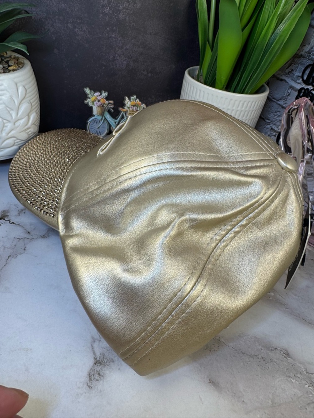 bebe Metallic Gold Crystal-Embellished Baseball Cap - Picture 2 of 8